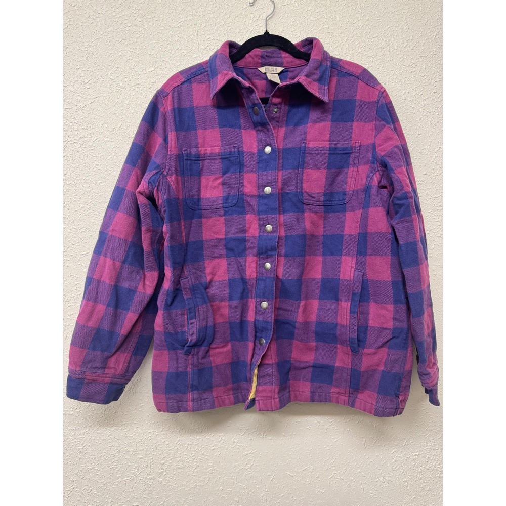 Duluth Trading Co Womens Purple Plaid Quilted Flannel Shirt Jacket Large L